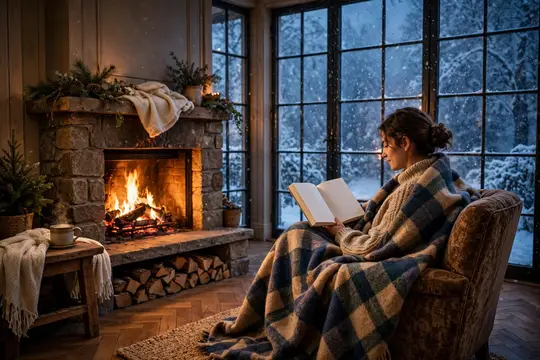 Девушка в пледе читает книгу у камина зимой