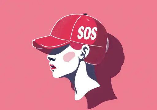 Иллюстрация профиля девушки в красной кепке с надписью SOS