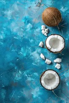 Кокосы и кусочки мякоти на синем фоне сверху