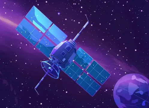 Цифровая иллюстрация спутника с солнечными панелями на фоне яркого космического пространства, наполненного звездами и далеким небесным телом