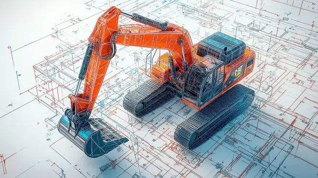 3D-рендер оранжевого экскаватора на фоне чертежей