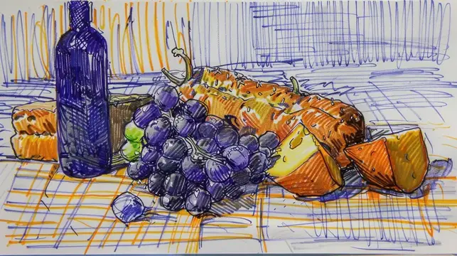 Рисунок с натюрмортом из винограда, сыра и бутылки вина