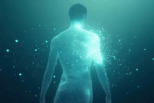 3D-рендер светящейся фигуры мужчины из частиц на бирюзовом фоне