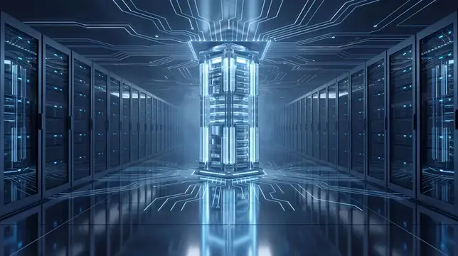 3D-рендер футуристического серверного зала с светящимся центральным блоком