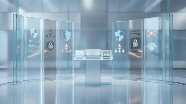 3D-рендер футуристической комнаты с голографическими экранами безопасности