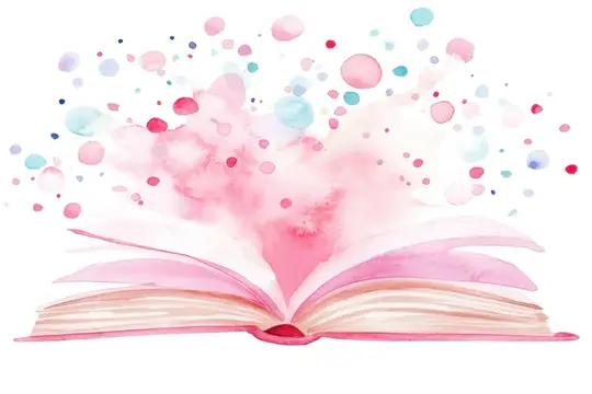 Акварельная иллюстрация раскрытой книги с розовыми брызгами