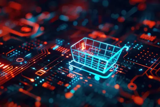 3D-рендер светящейся корзины на фоне электронной платы