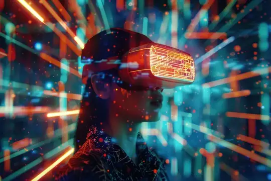 Девушка в VR-очках среди светящихся неоновых лучей