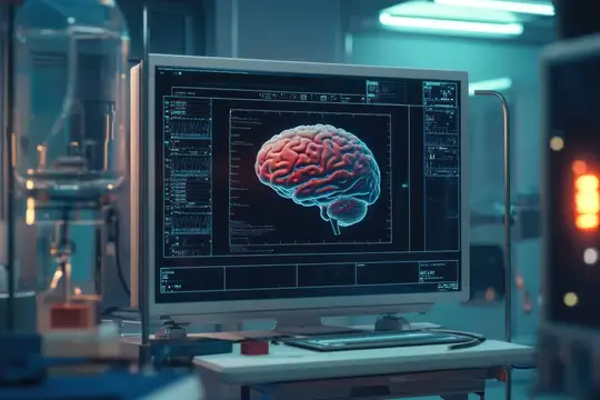 3D-рендер монитора с изображением мозга в научной лаборатории
