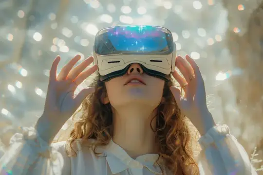 Девушка в VR-очках ловит блики света в волшебном лесу