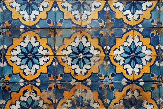Старинные синие и жёлтые керамические изразцы с цветочным узором