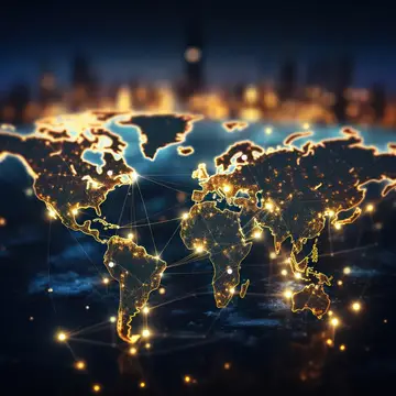 3D-рендер карты мира с светящимися связями между континентами