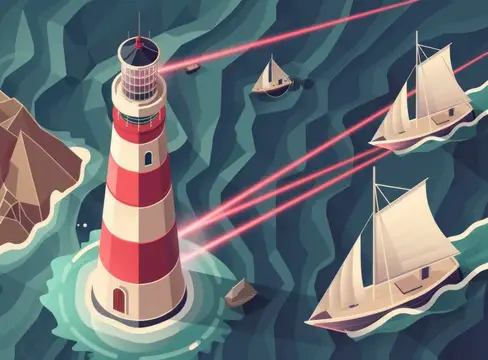 Иллюстрация с красно-белым маяком и парусниками в море