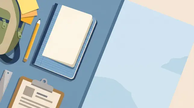 Иллюстрация с блокнотом, карандашом и рюкзаком на синем столе