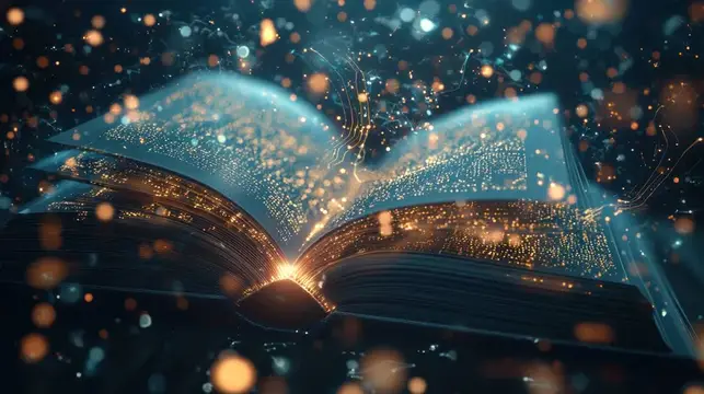 Раскрытая книга с сияющими золотыми страницами в волшебном свете