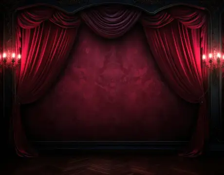 3D-рендер театральной сцены с красными бархатными кулисами и канделябрами