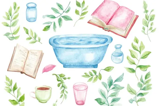 Акварельная иллюстрация с ванной, книгами, веточками и чашкой чая