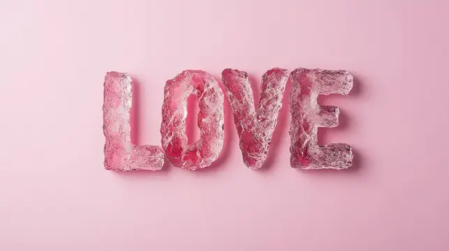 Креативные розовые ледяные буквы, составляющие слово LOVE, на пастельно-розовом фоне