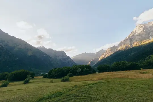 Горная долина с лугами и лесистыми склонами на закате