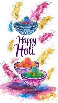 Иллюстрация с чашами разноцветных красок и надписью Happy Holi
