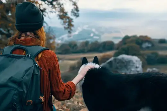 Женщина-туристка рядом с собакой на природе, горы, дружба, путешествия
