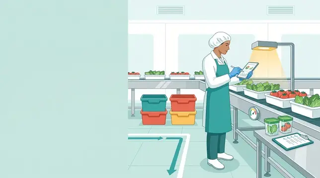 Иллюстрация работницы пищевого производства с планшетом у конвейера