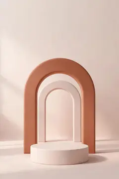 3D-рендер бежевой арочной витрины с подиумом для товара