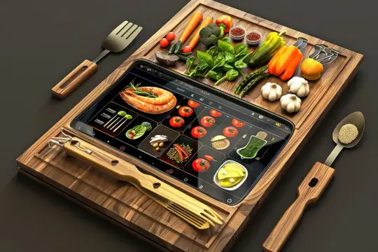 Деревянная разделочная доска с планшетом, едой и кухонными принадлежностями