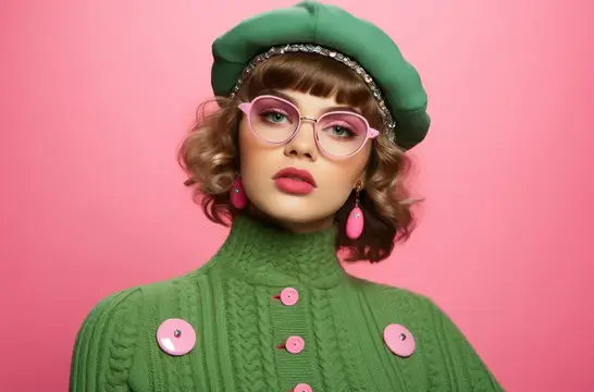 Молодая женщина в зелёном берете и свитере на розовом фоне
