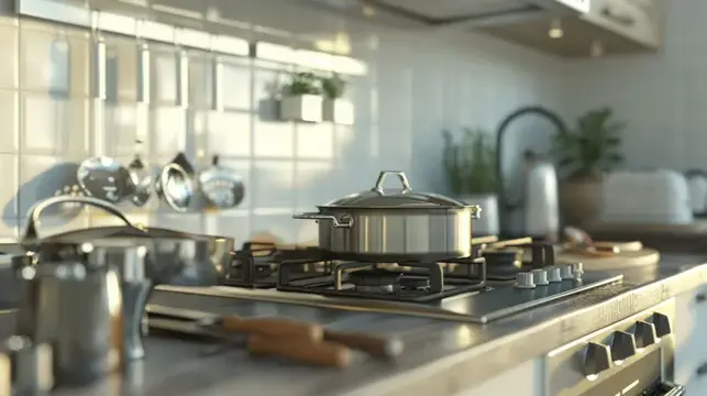 Кастрюля на плите в светлой кухне с посудой на стене