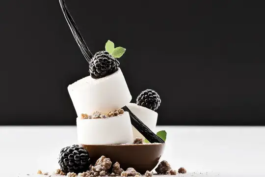Ванильное мороженое с ежевикой и мятой на тёмном фоне