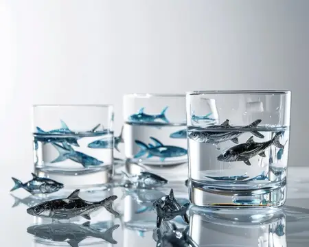 Стеклянные стаканы с водой и игрушечными рыбами на столе
