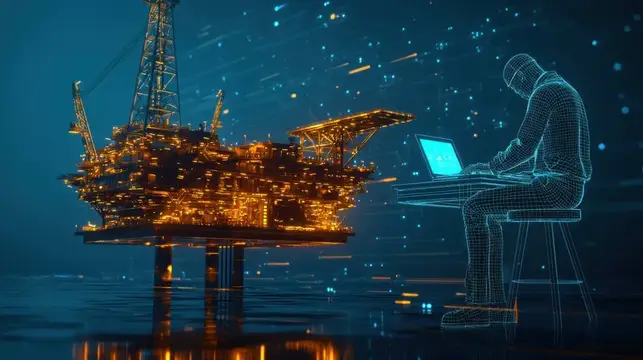 3D-рендер цифрового инженера за ноутбуком у нефтяной платформы