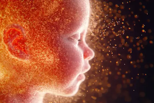 3D-рендер профиля новорождённого в тёплом золотистом свечении