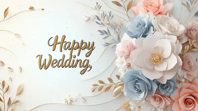 Свадебная открытка с бумажными розами и надписью Happy Wedding
