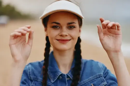Улыбающаяся девушка с косичками и в козырьке на пляже