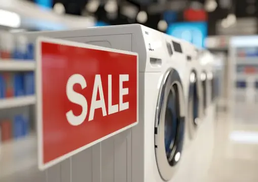 Красная табличка Sale на стиральной машине в магазине бытовой техники