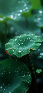 Красивый пруд с лотосами, капли воды на зелёных листьях, отражающие чистоту и безмятежность природы