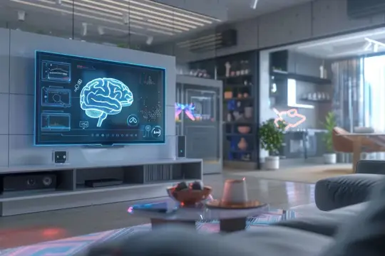 3D-рендер гостиной будущего с экраном мозга на стене