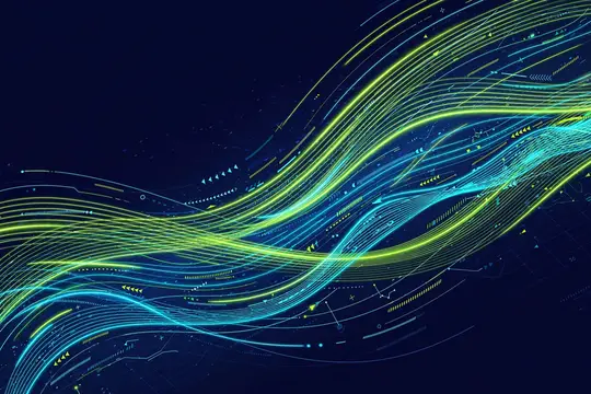 Абстрактная иллюстрация с волнистыми линиями и точками на тёмно-синем фоне