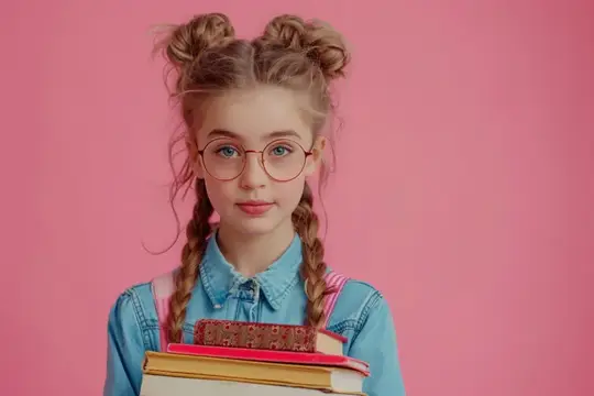 Юная девушка в очках держит стопку книг на розовом фоне