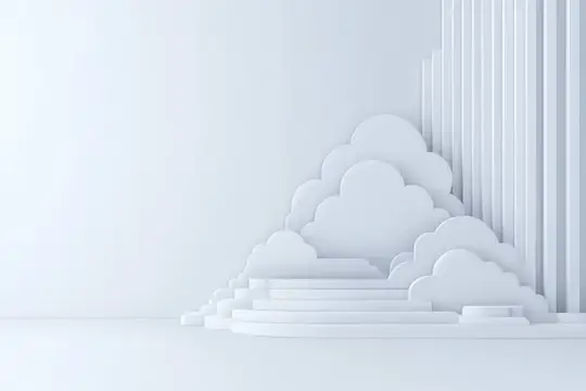 3D-рендер белых облаков и ступеней на светлом фоне