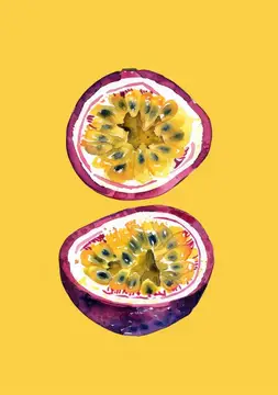 Красочная акварельная иллюстрация половинок маракуйи с сочными желтыми семенами на ярко-желтом фоне, передающая атмосферу тропической свежести и здорового питания