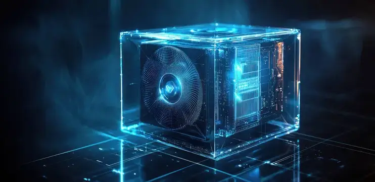 3D-рендер прозрачного куба с компьютерным вентилятором и подсветкой