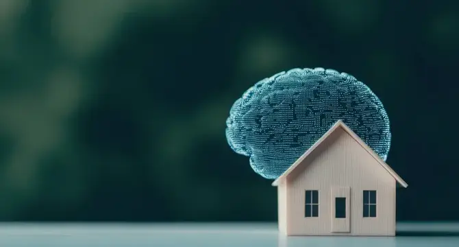 3D-рендер с домом и мозгом на тёмном фоне