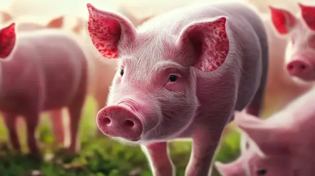Розовая свинья крупным планом на фоне стада на лугу