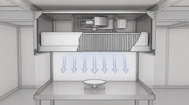 Инженерный разрез потолочного модуля вентилятора-фильтра для чистого помещения, показывающий плиссированный материал и нисходящий ламинарный поток воздуха для презентаций по обучению в…