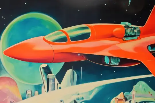 Иллюстрация с оранжевым космическим кораблём на фоне зелёной планеты