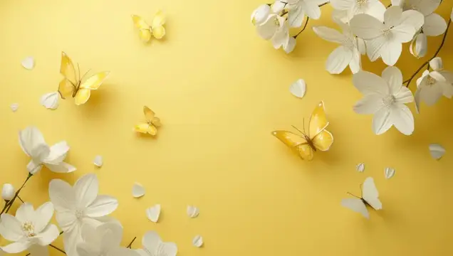 Нежные белые цветы и жёлтые бабочки на солнечном фоне