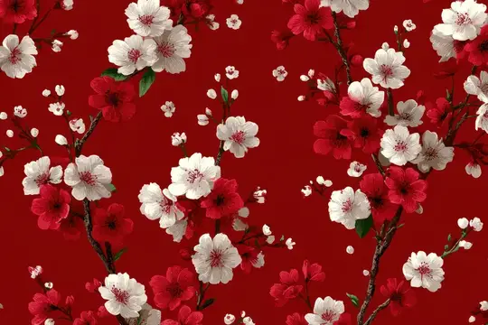 Бесшовный узор с белыми и красными сакурами на тёмно-красном фоне
